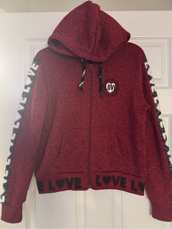 Jackets & Blazers - Women’s Burgundy Full-Zip Hooded Jacket with 'LOVE' Trim